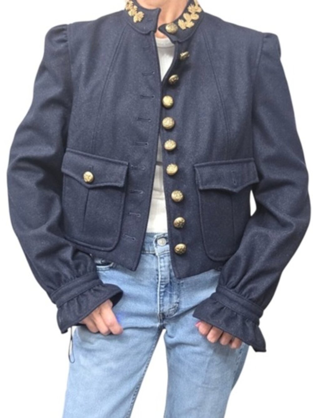 Free People Wool Military Jacket XS Gold Beaded Cropped Officer